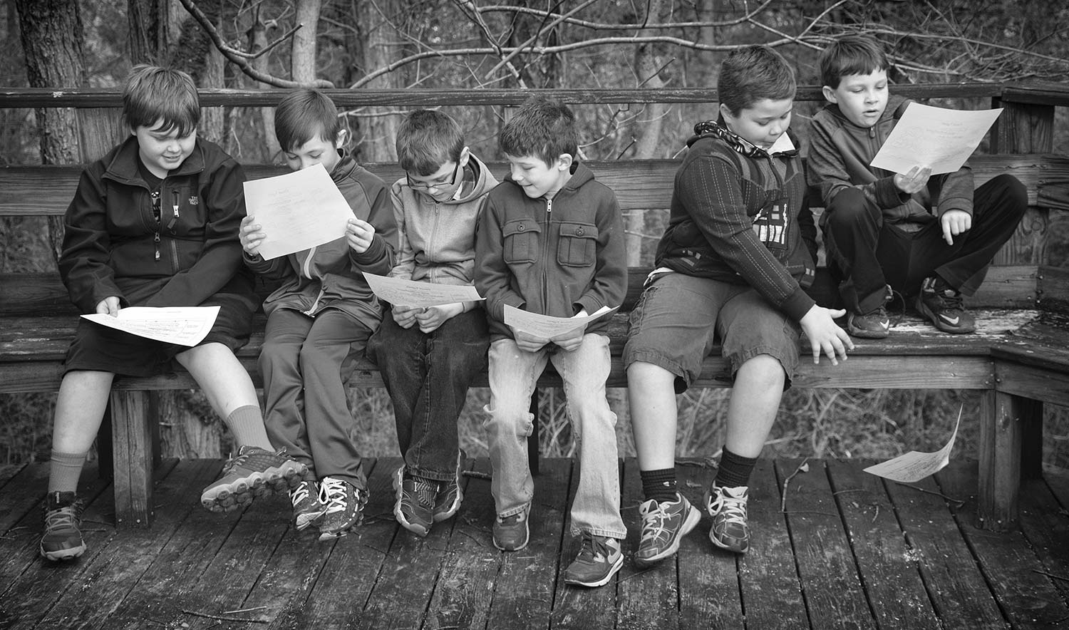 Third graders at Jacksboro elementary school spend time in the Eagleʼs Nest, an outdoor learning center. (from left to right) Mason Artz, Matt Stevens, Jesse Brandenburg, Landon Cureton, Chance Woodson and Robby Wilson photo by Cameo Waters - 2016