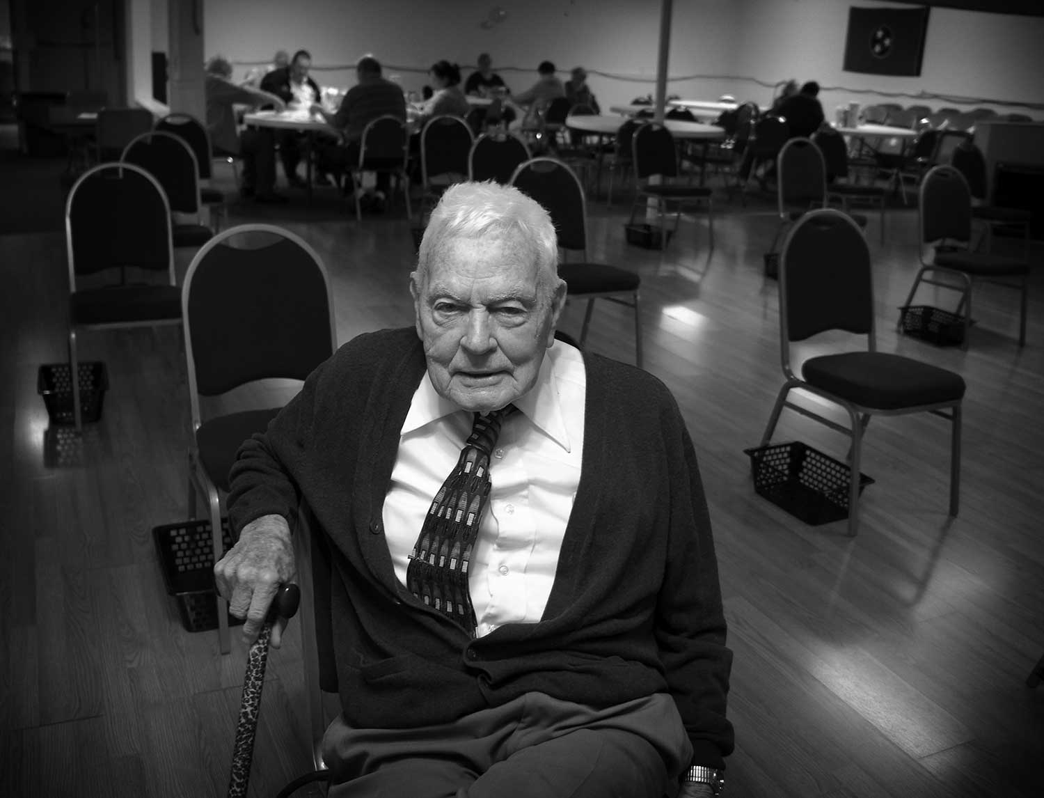 A veteran of three wars, William Morton, known as Colonel, waits for the silver sneakers class at the Senior Center. photo by Natasha Zalewski - 2014